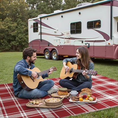 GENIMO Outdoor Rug, Waterproof Plastic Rugs for Patio, 5'x8' Red Plaid | Outside Larger Modern Carpet Mat for Porch Decor, Deck, Balcony, Camping, RV, Backyard, Picnic, Beach, Reversible, Foldable
