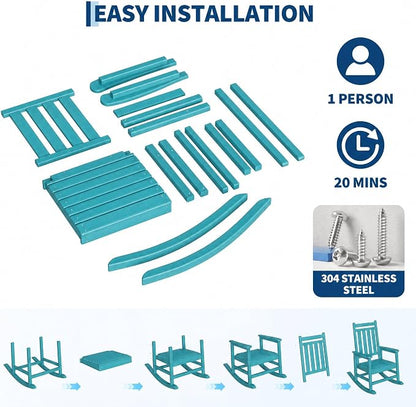 Garvee HDPE Rocking Chair Outdoor Set of 2 - Poly High Back Porch Rocker Chairs for Adults - All Weather Resistant Furniture for Patio Front Porch - Lake Blue