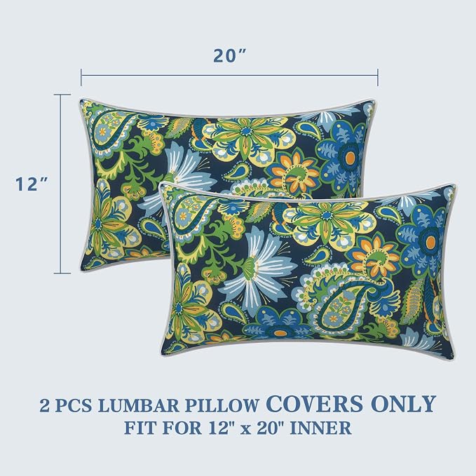 LVTXIII 2 Pack Outdoor Lumbar Pillow Covers 12x20 Inch with Piping, Water-Repellent Back Cushion Covers ONLY for Patio Furniture, Sofa, Garden Bench, Bohemian Azure