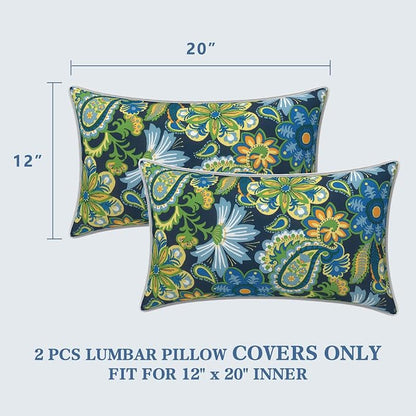LVTXIII 2 Pack Outdoor Lumbar Pillow Covers 12x20 Inch with Piping, Water-Repellent Back Cushion Covers ONLY for Patio Furniture, Sofa, Garden Bench, Bohemian Azure