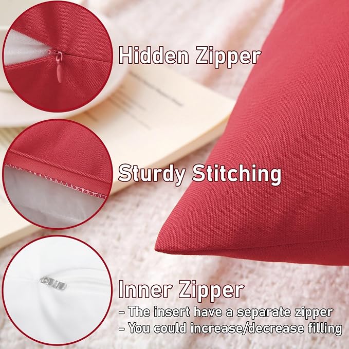18" x 18" Throw Pillows, Outdoor Waterproof Pillows with Inserts, Square Decorative Pillows for Patio Furniture Garden Couch Sofa Home(Red, Set of 4)