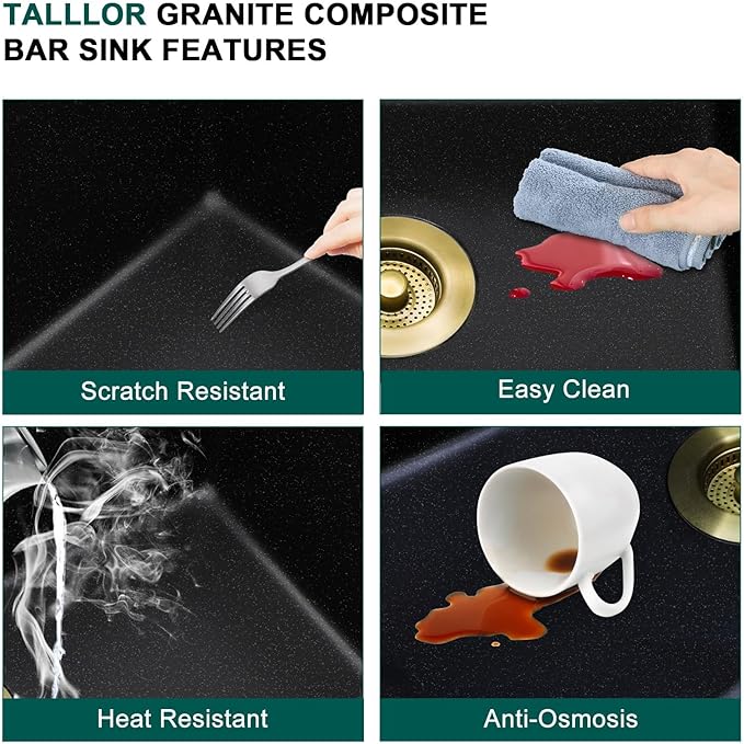 23 Inch Drop In Bar Sink, Matte Black Granite Composite Workstation Single Bowl Small Prep Wet Sink with All-In One Gold Accessories & Cutting Board for RV, Kitchen Bar, and Boat #TLGT-132