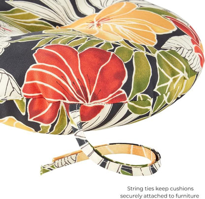 15 x 15 Round Bistro Chair Cushion, Reversible Patio Seat Cushion with Attached Ties, Polyester Fabric, Recycled Polyfiber Fill, Set of 2 - Aloha Black