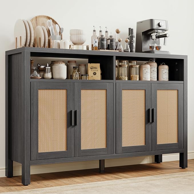 Rattan Buffet Cabinet with Storage, Sideboard with Doors, Console Table, Farmhouse Coffee Bar, Modern Wood Storage Cabinets(Brown Black 2.0)