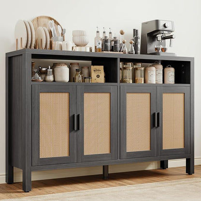 Rattan Buffet Cabinet with Storage, Sideboard with Doors, Console Table, Farmhouse Coffee Bar, Modern Wood Storage Cabinets(Brown Black 2.0)
