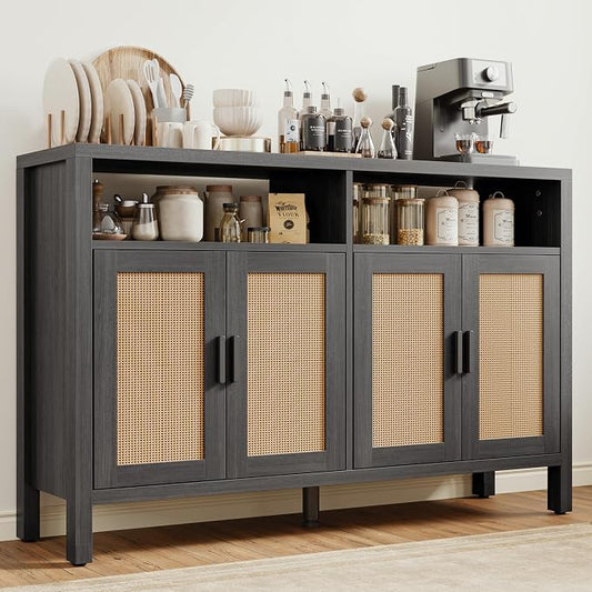 Rattan Buffet Cabinet with Storage, Sideboard with Doors, Console Table, Farmhouse Coffee Bar, Modern Wood Storage Cabinets(Brown Black 2.0)