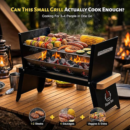 Nomad Portable Charcoal Grill – Ultra-Slim Folding BBQ for Outdoor Cooking, Camping & Travel | 304 Stainless Steel, Heat-Resistant Wood Handles, 3-sec Setup, Ready to serve 3-4 people
