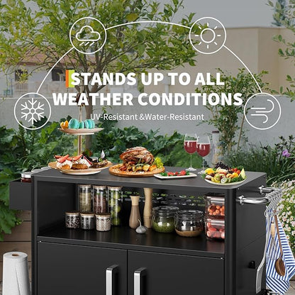 Heavy-Duty 2-Tier Outdoor Kitchen Island with Locking Wheels – 883 sq.in. Prep Space, 304 Stainless Steel Top, Magnetic Double-Door BBQ Cabinet for Grilling Table & Patio Cooking Station