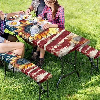 Patriotic Flag Sunflower Picnic Table and Bench Covers 3 PCS Set Camping Table Cloth for Picnic Table for Outdoor Camping