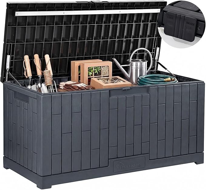 YITAHOME 120 Gallon Outdoor Storage Deck Box, Large Resin Patio Storage for Outdoor Pillows, Garden Tools and Pool Supplies, Waterproof, Lockable, (Dark Grey)