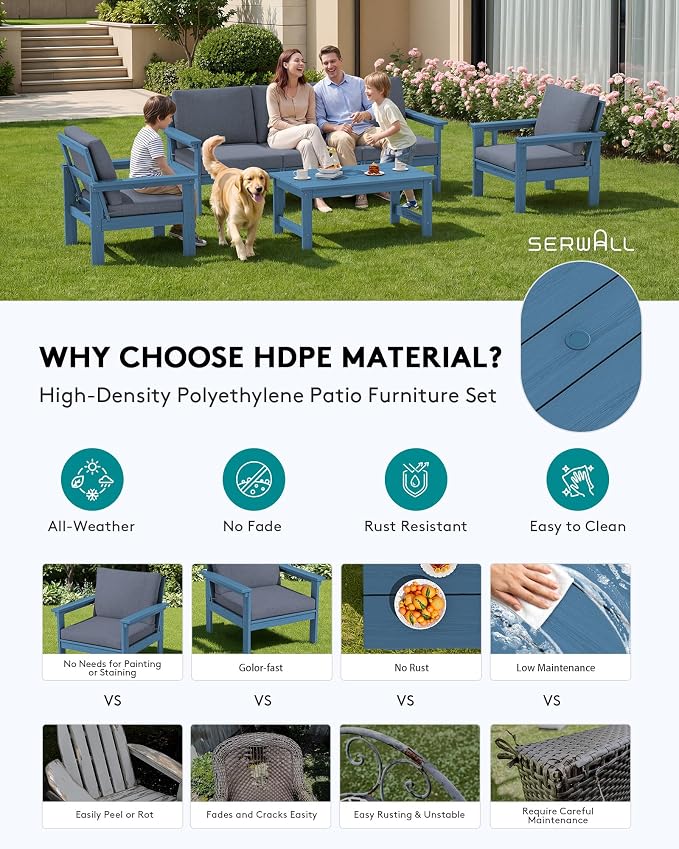 SERWALL HDPE Patio Conversation Set, 6-piece Sectional Outdoor Furniture Set, All Weather Outdoor Couch Set Patio Furniture Set for Deck, Lawn, Blue Frame with Grey Cushion