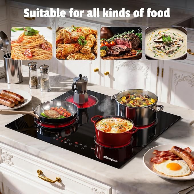 Electric Cooktop 24 Inch, 4 Burner Electric Stove Top Drop-in(22.05"x19.3") 220V-240V, 24 Inch large Ceramic Stovetop with Ceramic Glass, Timer, Kids Safety Lock, 220V Hard Wired (No Plug)