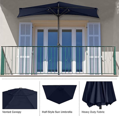 Half Umbrella Outdoor Patio Shade - 9 ft Patio Umbrella with Easy Crank - Small Canopy for Balcony, Table, or Deck by Pure Garden (Navy Blue)