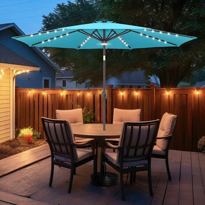 FLAME&SHADE Solar Patio Umbrella with a Centre Light, 11 FT Aqua Blue | 40 LED Lights, UV Protection, Waterproof, Porch Deck Outdoor Umbrella for Pool, Backyard, Garden, Provides Evening Lighting