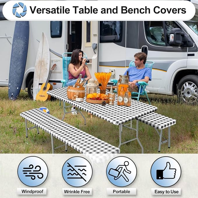OutdoorLines Vinyl Fitted Picnic Table Cover with Bench Covers | Elastic Waterproof Camping Tablecloth for Picnic Table, (Checkered Black, 96x30 Inch, 3 Pcs)