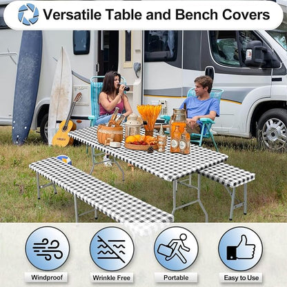 OutdoorLines Vinyl Fitted Picnic Table Cover with Bench Covers | Elastic Waterproof Camping Tablecloth for Picnic Table, (Checkered Black, 96x30 Inch, 3 Pcs)