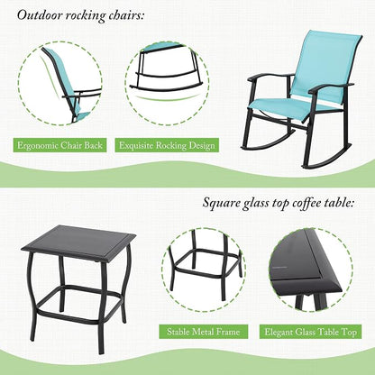 Shintenchi 3 Piece Rocking Bistro Set, Outdoor Furniture with Rocker Chairs and Glass Coffee Table Set of 3, Balcony, Porch Furniture for Small Space, Blue