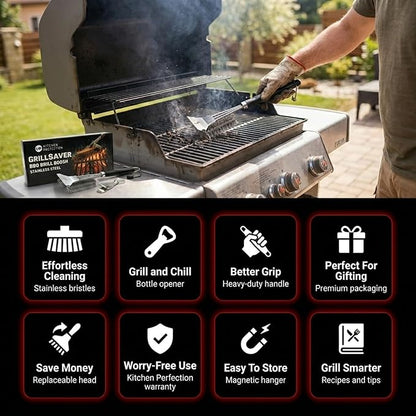 KITCHEN PERFECTION GrillSaver - Safe BBQ Grill Brush for Outdoor Grill with Replaceable Cleaning Head -Heavy-Duty Grill Cleaner with Scraper for All Grates +2 Bonuses -Best Grilling Gifts for Men