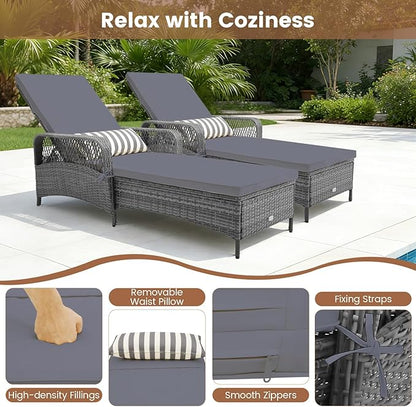 Tangkula Wicker Chaise Lounge Outdoor Set of 2, Patio Rattan Reclining Chaise with 6-Gear Adjustable Backrest, Thick Padded Cushion & Removable Lumbar Pillow, Pool Lounge Chairs (Grey)