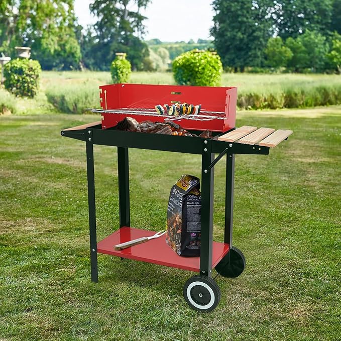 Charcoal Grill, Outdoor BBQ Portable Grill with Side Table and Wheel, Folding Grill for Outdoor Cooking Camping Garden (Red)