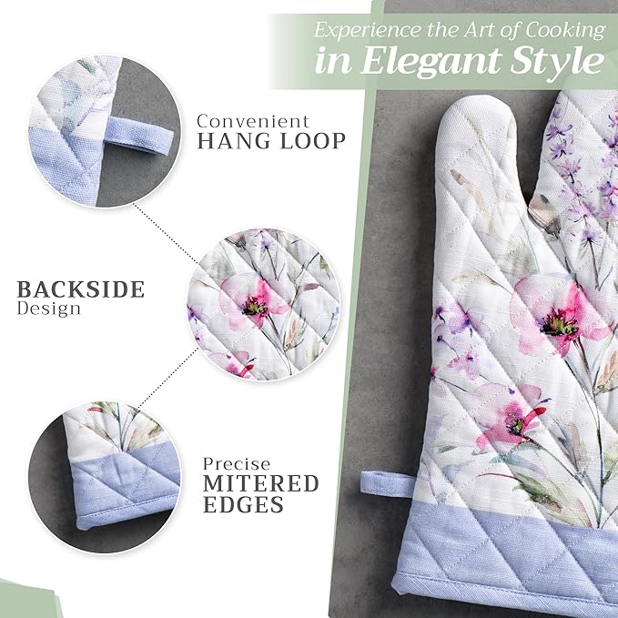 Maison d' Hermine 100% Cotton Oven Mitt & Pot Holder Set (7.5"x13" & 8"x8") Heat Resistant BBQ Cooking Gloves with Loop Baking Grilling Kitchen Hotel Home Farmhouse Spring Summer (Summer Floral)