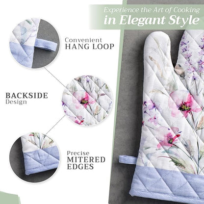 Maison d'Hermine Oven Gloves 100% Cotton Oven Mitt 7" x 13" with Loop Heat Resistant BBQ Cooking Gloves Baking Grilling Kitchen Hotel Home Farmhouse Spring Summer (Pack of 1, Summer Floral)