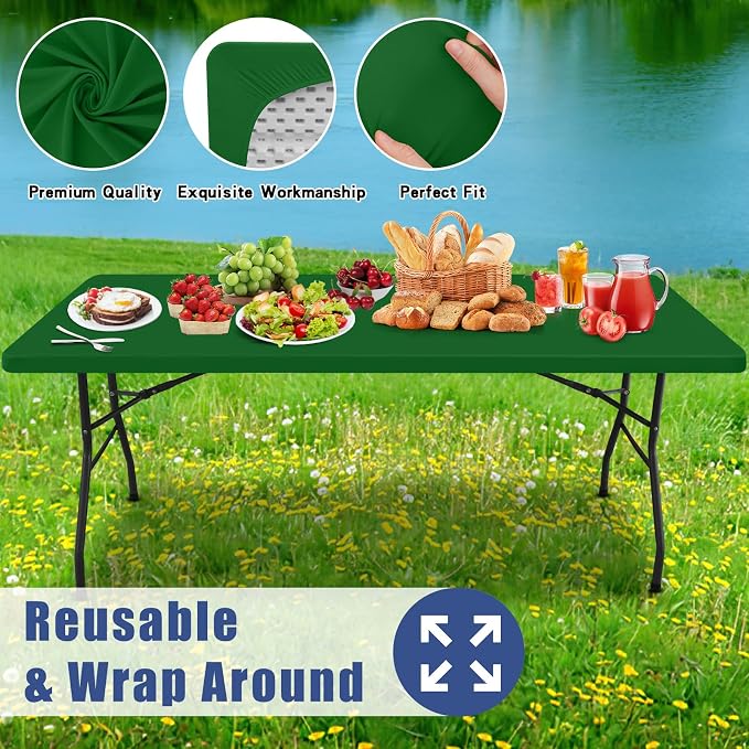 Moosfor 2 Pack Rectangle Spandex Fitted Table Cloth, 6FT Elastic Tablecloth | Washable Picnic Table Cover, Stretch Waterproof Table cloths for Party, Patio, Dining, Kitchen, 30" x 72", Emerald Green