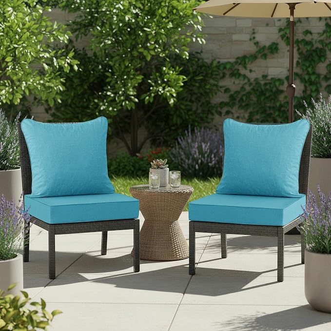Summsun Faux Linen Outdoor Chair Cushions, Water Resistant Backrest and Deep Seat Cushion Set with Removable Cover, Straps, Non-Slip Bottom for Patio Furniture, 24 x 24 Inch, Teal, Set of 2