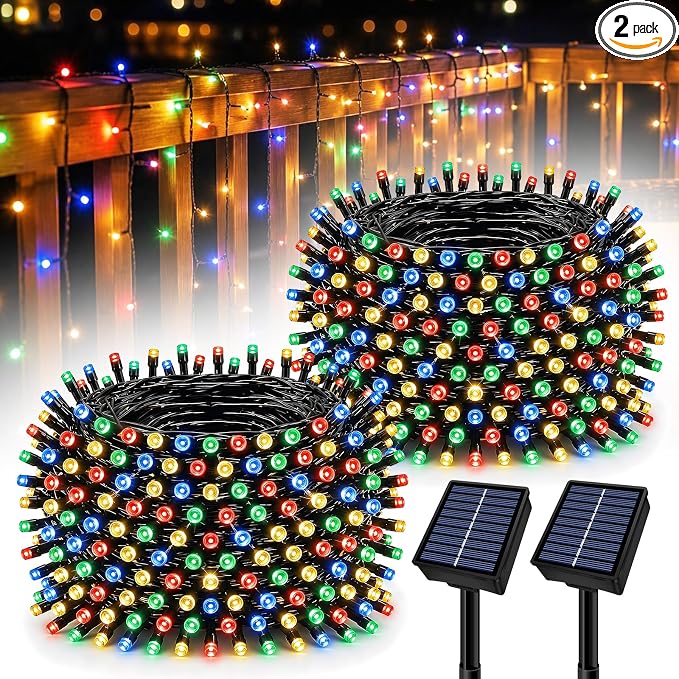 Solar String Lights Outdoor 2 Pack Total 66FT 200LED Solar Fairy Lights Waterproof 8 Modes Twinkle Solar Lights for Patio, Garden Yard Party Wedding Tree Christmas Halloween Decoration, Multicolor