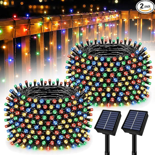 Solar String Lights Outdoor 2 Pack Total 66FT 200LED Solar Fairy Lights Waterproof 8 Modes Twinkle Solar Lights for Patio, Garden Yard Party Wedding Tree Christmas Halloween Decoration, Multicolor
