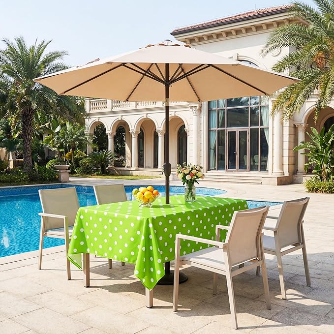 Poise3EHome Outdoor Tablecloth Rectangle with Umbrella Hole Waterproof Green and White Tablecloth for Spring Picnic Party Patio Table Camping, Green Polka Dot (60X104 Zipper)