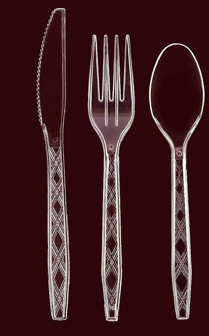 PARTY BARGAINS Argyle Settings Clear Plastic Cutlery Set 360‑Piece – 180 Forks, 120 Spoons, 60 Knives – Heavy‑Duty Disposable Utensils for Parties, Weddings, Buffets, BBQs & Catering – BPA Free
