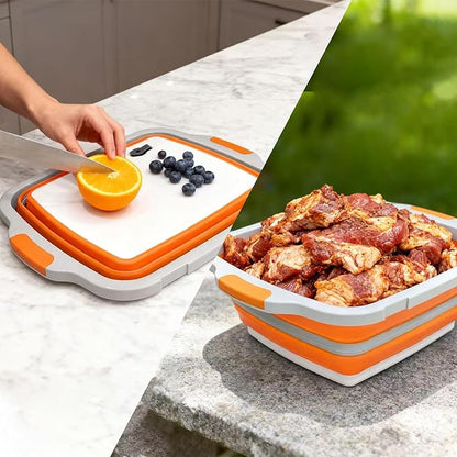 BBQ Prep Tub with Lid and Cutting Board - Collapsible Barbecue Tool Set for Marinating, Grilling, BBQ Prep Station for Outdoor Cooking, Camping Kitchen Accessories & Barbecue Utensils, X-Large Orange