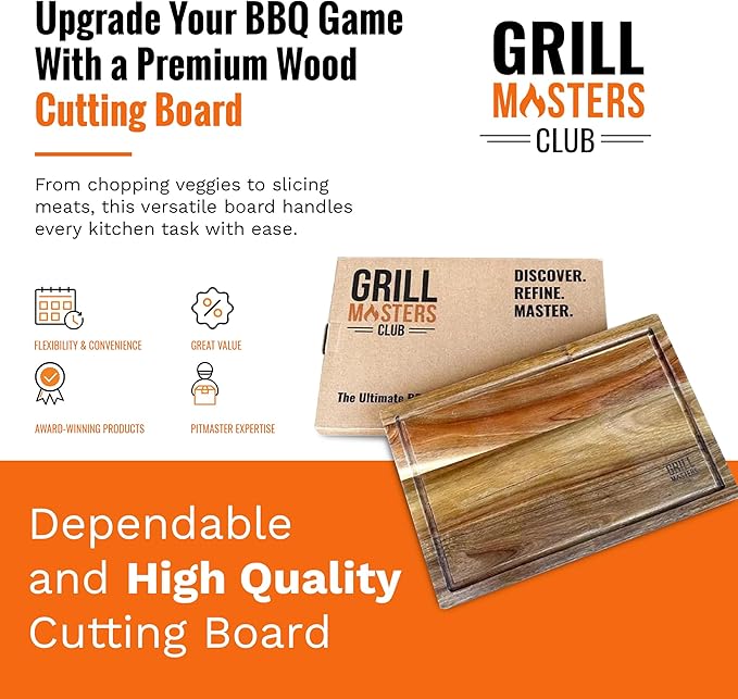 Grill Masters Club Premium Acacia Wood Cutting Board for Kitchen | Large Wooden Cutting Board with Juice Groove | Lightweight Grill for BBQ Masters, & Cooking Enthusiasts-Ideal for Gift