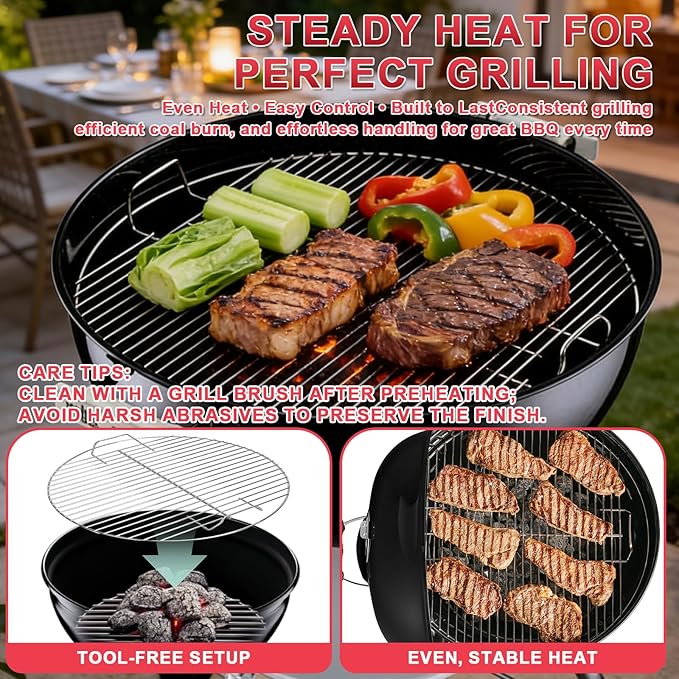 17.5" Charcoal Cooking Grate for Weber 18.5" Smokey Mountain Bar-B-Kettle, One-Touch, Cooker Smoker, Jumbo Joe, Original Kettle Grill, Stainless Steel Round Grate Kit Accessories for Weber 7432 7440
