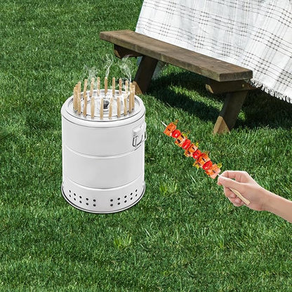 Portable Smokeless Barbecue Charcoal Barrel Grill, Stainless Steel Surround Charcoal Kebab Grill with 22 Skewers & BBQ Cooking Grate, Outdoor Camping Patio Backyard Fire Pit for Family Party