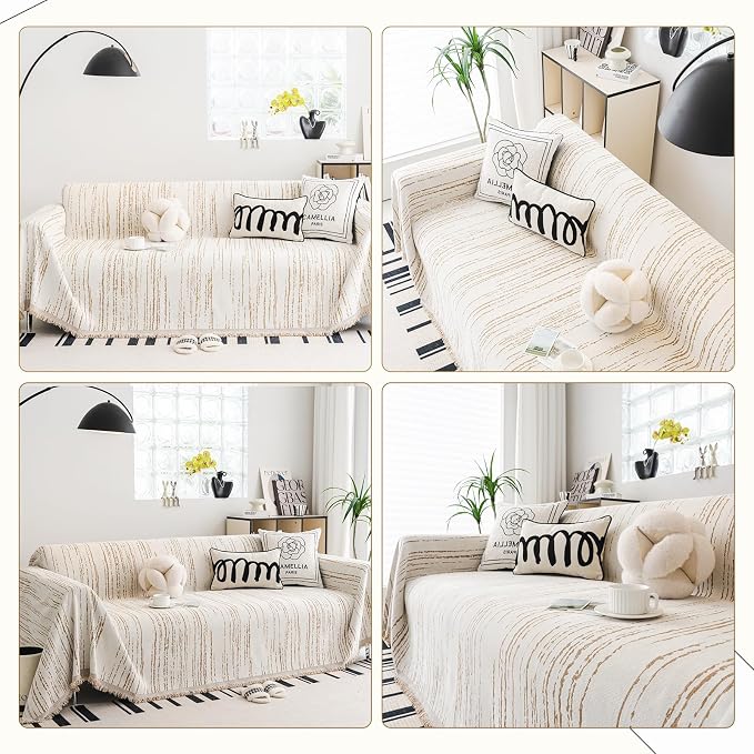 WEYOND Chenille Couch Cover Tassels, Sofa Cover Washable, 71" x 118", Khaki | Pet Friendly Sofa Slipcover for Sectional Sofa, Loveseat, 2 or 3 Cushion Couch, Corner Sofa, Futon Cover
