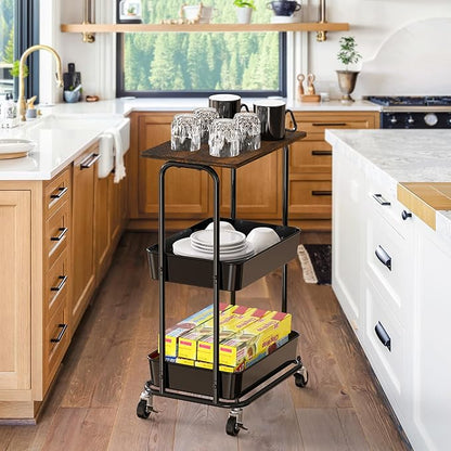 Simple Houseware 2-Tier Utility Cart Wood Top/Lockable Wheel, Rustic Brown | 2-Tier Metal Storage Organizer Trolley for Kitchen, Bathroom, Office, Craft Room