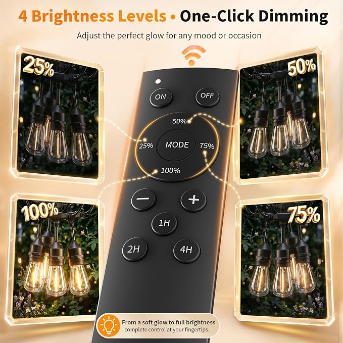 Hotsonic Remote Control Outdoor String Lights Waterproof, 100FT LED Outside Lights with Shatterproof Bulbs, Dimmable Hanging S14 Lights 3 Modes for Patio Porch Garden Pergola Yard House Party Decors
