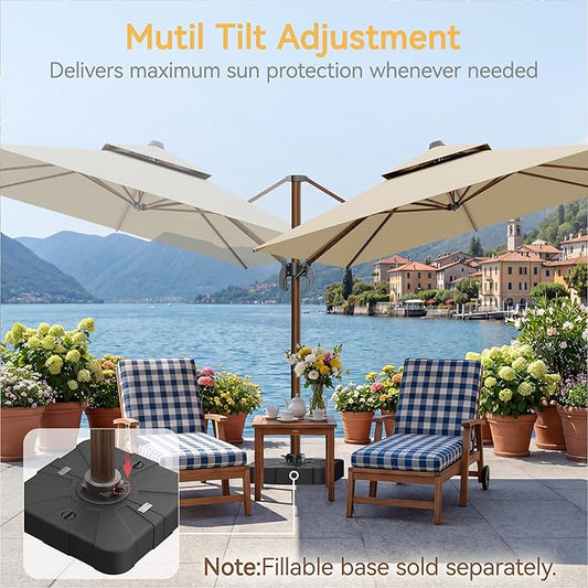 10x13 FT Wood Pattern Patio Umbrella, Large Deluxe Cantilever Rectangular Double Top Heavy Duty Offset Umbrellas with 360° Rotation, Outdoor shade for Garden Deck Pool Patio, Beige