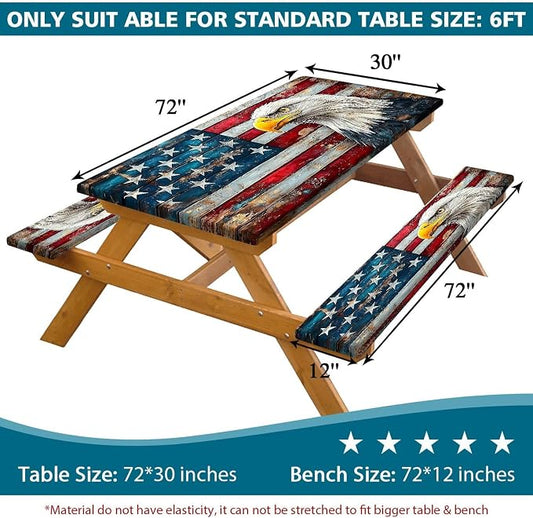 Picnic Table Cover with Bench Covers Elastic Edges, Vintage Wood American Flag Eagle Table Cover, Waterproof Windproof Fitted, for Outdoor Patry Picnic Patio Gatherings, Drawstring Bag, 96 Inch 3PCS