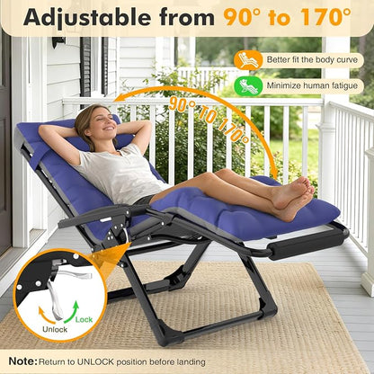 Slendor Oversized Zero Gravity Chairs XL, 29in Padded Recliner Chair, Blue | Reclining Lounge Chair, Folding Anti Gravity Chairs w/Aluminum Alloy Lock,Headrest,Cup Holder, Support 440lbs,for Lawn Patio