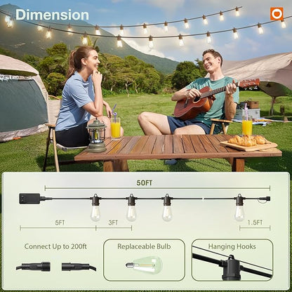 addlon 50FT LED Outdoor String Lights, Remote Dimmable Patio Lights with Timer & 3 Lighting Modes, 16 Shatterproof Edison Bulbs, Waterproof Connectable String Lights for Outside Backyard Party Décor