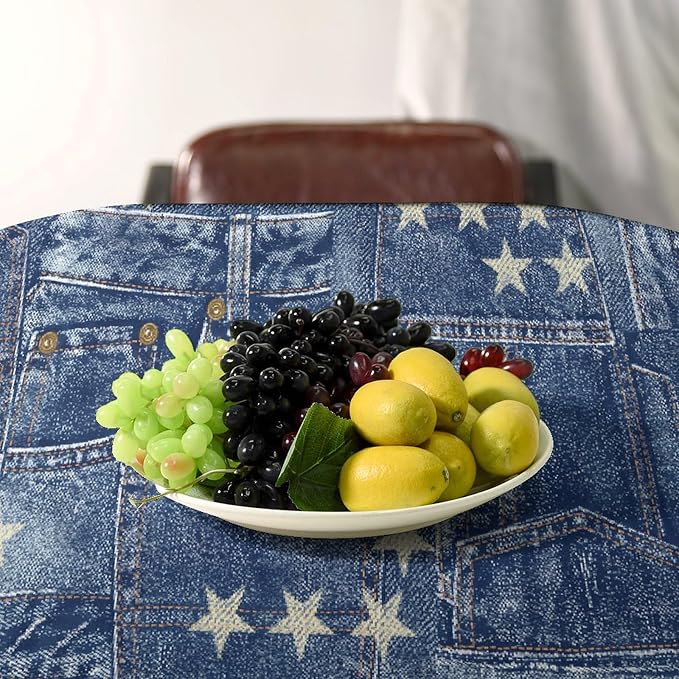 Denim Patchwork Style Tablecloth, Fashionable Blue Denim Jean Pocket Design Water Resistant Wipeable Table Cover for Farmhouse Picnic Party Holiday Kitchen Dinner Table 60"x110"