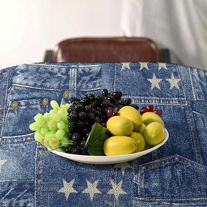 Denim Patchwork Style Tablecloth, Fashionable Blue Denim Jean Pocket Design Water Resistant Wipeable Table Cover for Farmhouse Picnic Party Holiday Kitchen Dinner Table 60"x110"