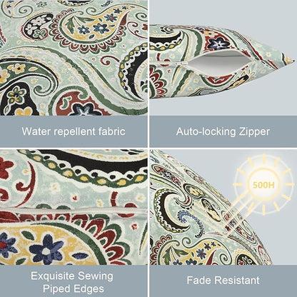 LVTXIII Outdoor Lumbar Pillow Covers Only Set of 2 Patio Decorative Pillow Cases, Water Repellent Lumbar Cushion Cases for Sofa, Patio Couch Garden Use, 12x20 Inch, Paisley Lightcyan