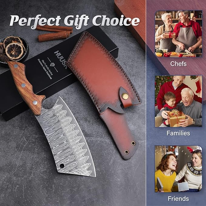Huusk Hand Forged Meat Cleaver Knife, Japanese Chef Knives with Sheath, Cooking Butcher Knife for Meat Cutting, Vegetable Cleaver for Kitchen, Camping, Gift for Men and Women