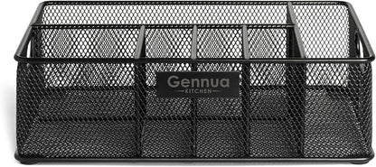 Gennua Kitchen Paper Plate Organizer for Cabinet, Counter, Picnics, Parties & More, Extra Large Utensil Caddy Crafted of Thick Iron Mesh With 6 Compartments for Paper Plates & Plastic Silverware