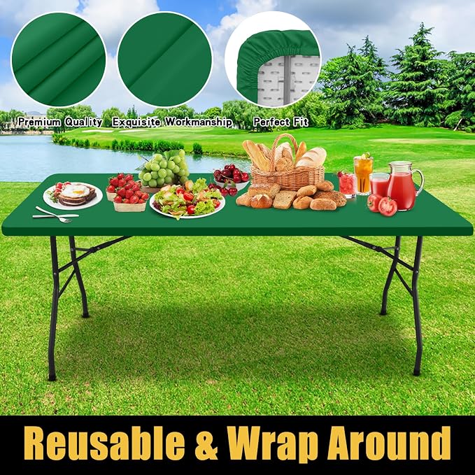Smiry Rectangle Picnic Table Cloth, Waterproof Elastic Fitted Tablecloths for 6 Foot Tables, Washable Polyester Table Cover for Camping, Indoor and Outdoor (Hunter Green, 30"x72")