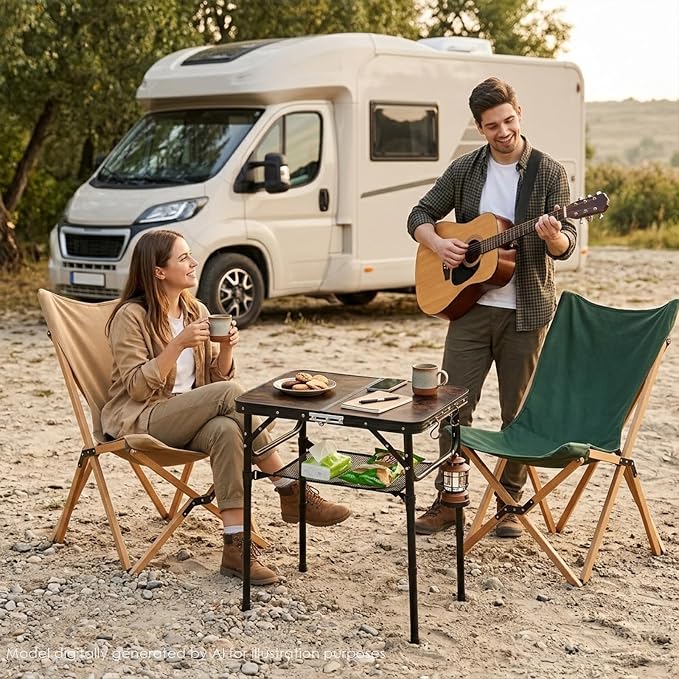 Folding Picnic Table 2ft Portable Camping Table, Dark Walnut | Adjustable Heights, Lightweight Aluminum Foldable Small Card Table with Carry Handle for Indoor Outdoor Camp RV BBQ Beach